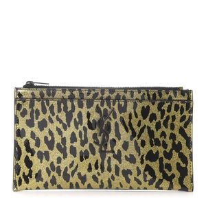 SAINT LAURENT✨ Patent Glitter Leopard Monogram Zip Pouch Gold Black